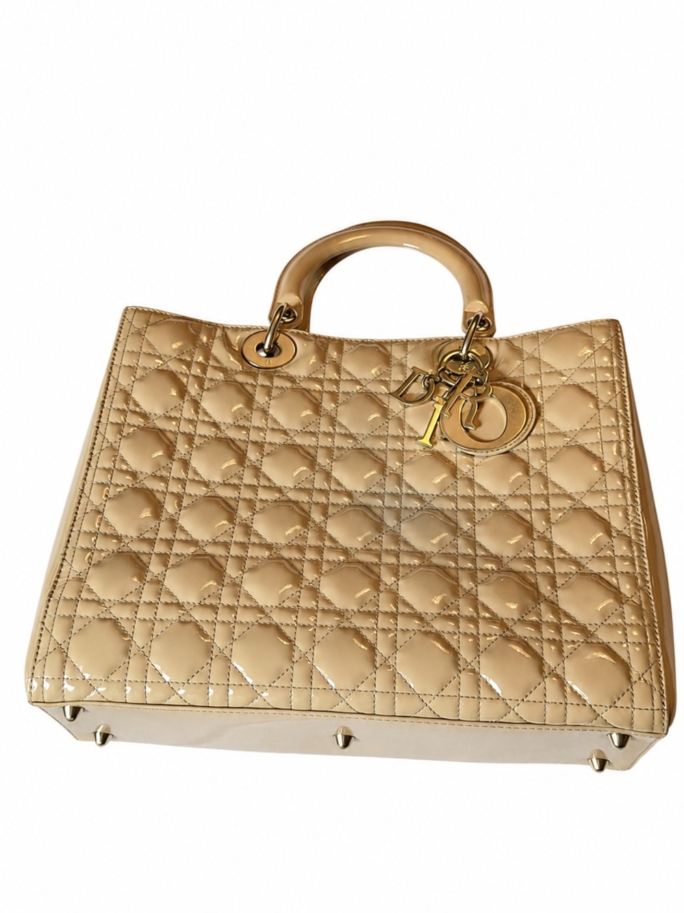 Christian Dior Large Lady Dior Patent Leather Tote Beige/Nude with Strap
